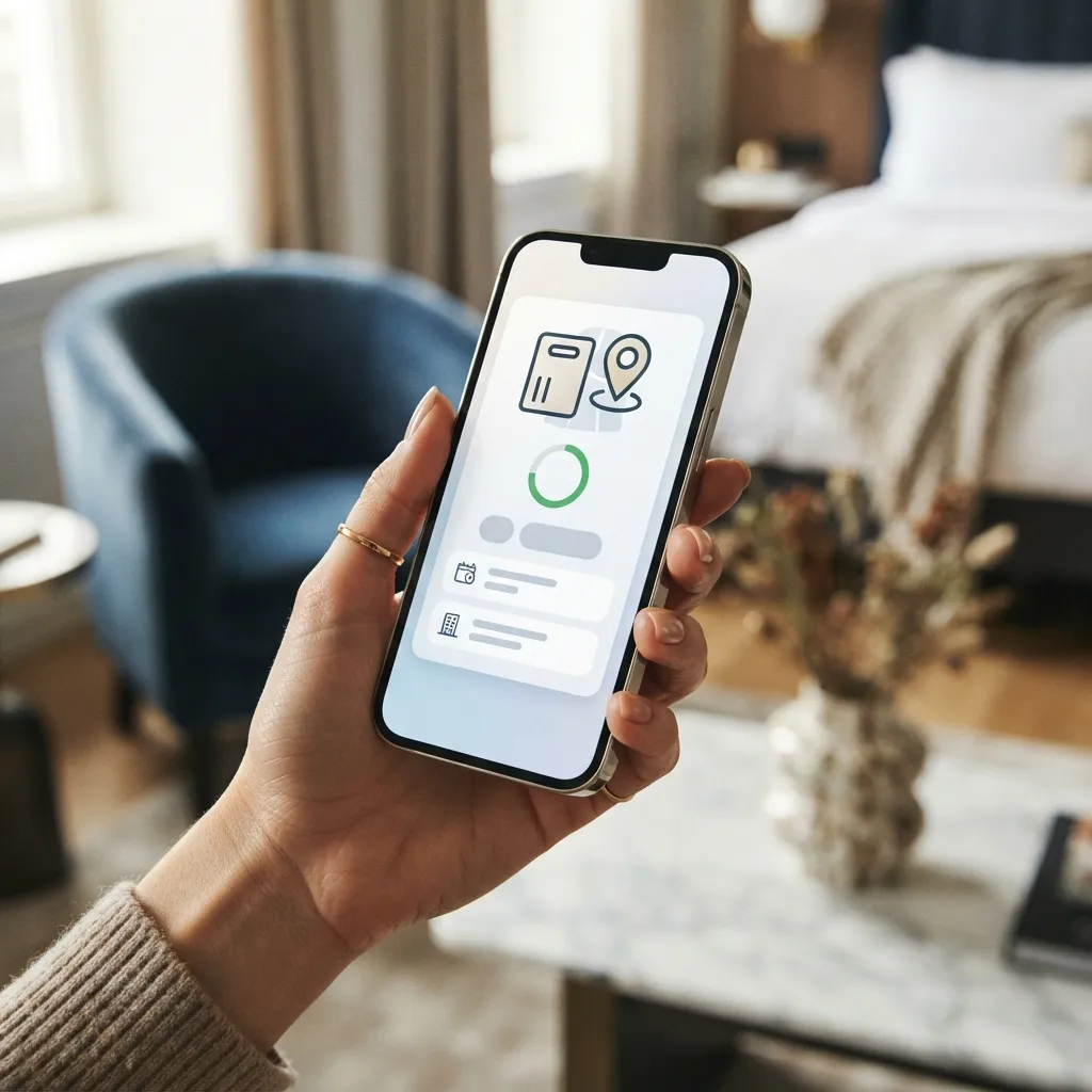 Gros plan d'une main tenant un téléphone affichant une notification de réservation confirmée.