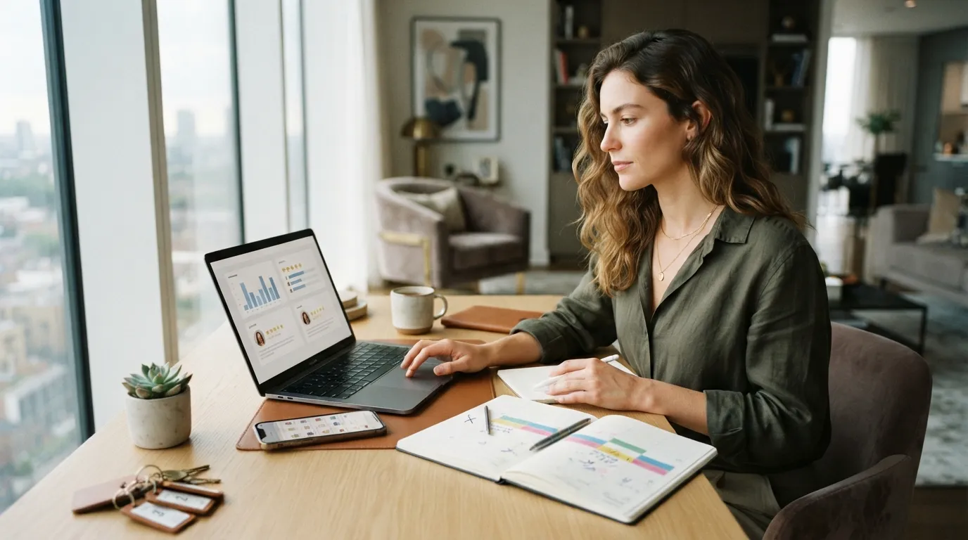 Un gestionnaire de location consulte les avis des voyageurs sur son ordinateur dans un bureau moderne et lumineux.