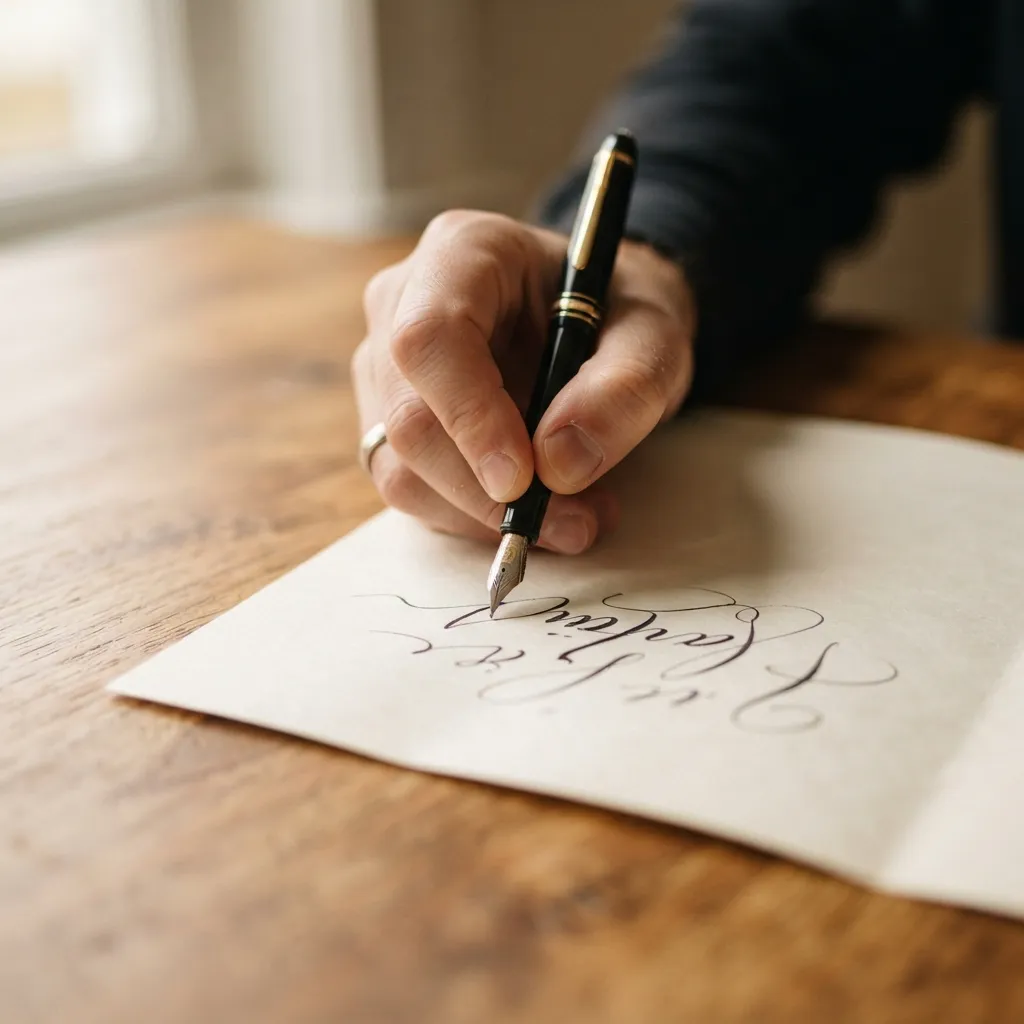 Gros plan d'une main écrivant un commentaire positif avec un stylo sur du papier blanc.