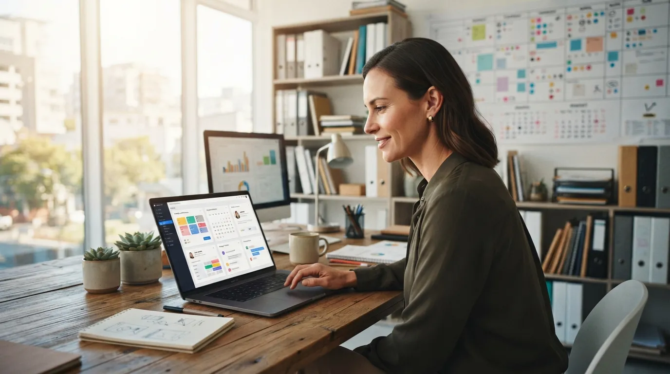 Gestionnaire de propriétés consultant des réservations et messages de voyageurs sur un ordinateur portable dans un bureau moderne et lumineux.
