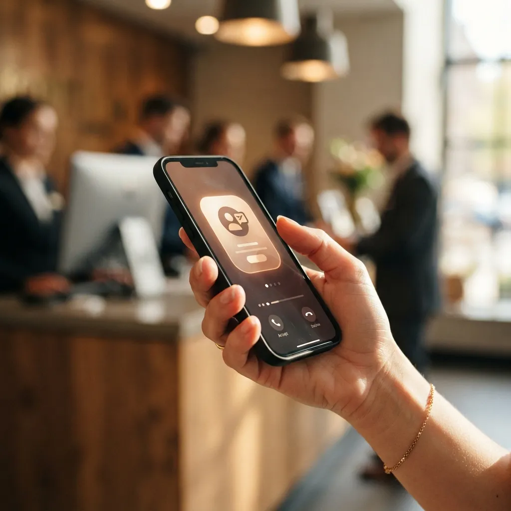 Gros plan d'une main tenant un téléphone affichant une notification de demande de voyageur en arrière-plan flou.