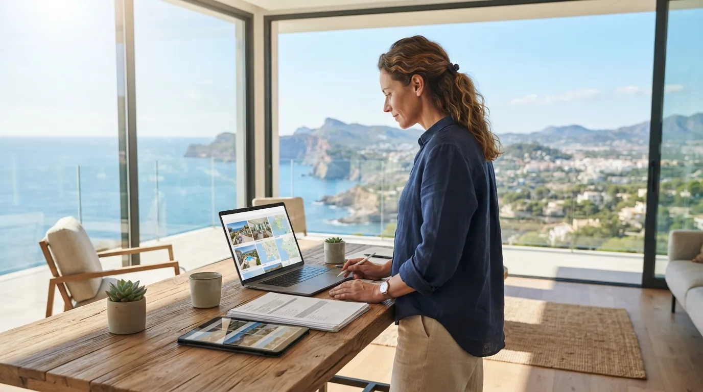 Gestionnaire immobilier travaillant sur son ordinateur portable dans un appartement de luxe avec vue panoramique sur la côte.