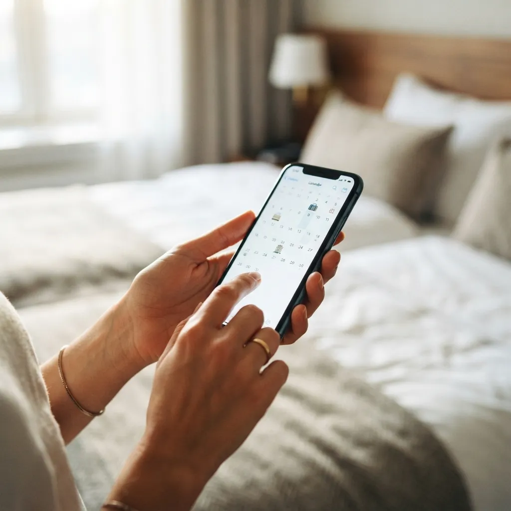 Gros plan d'une main tenant un smartphone affichant une confirmation de réservation avec calendrier de gestion.