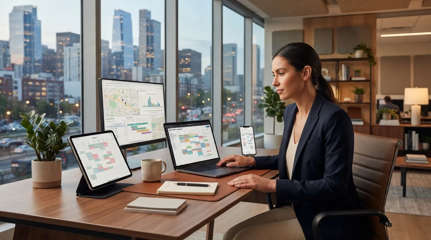 Gestionnaire de locations travaillant sur plusieurs appareils dans un bureau moderne lumineux avec vue urbaine.