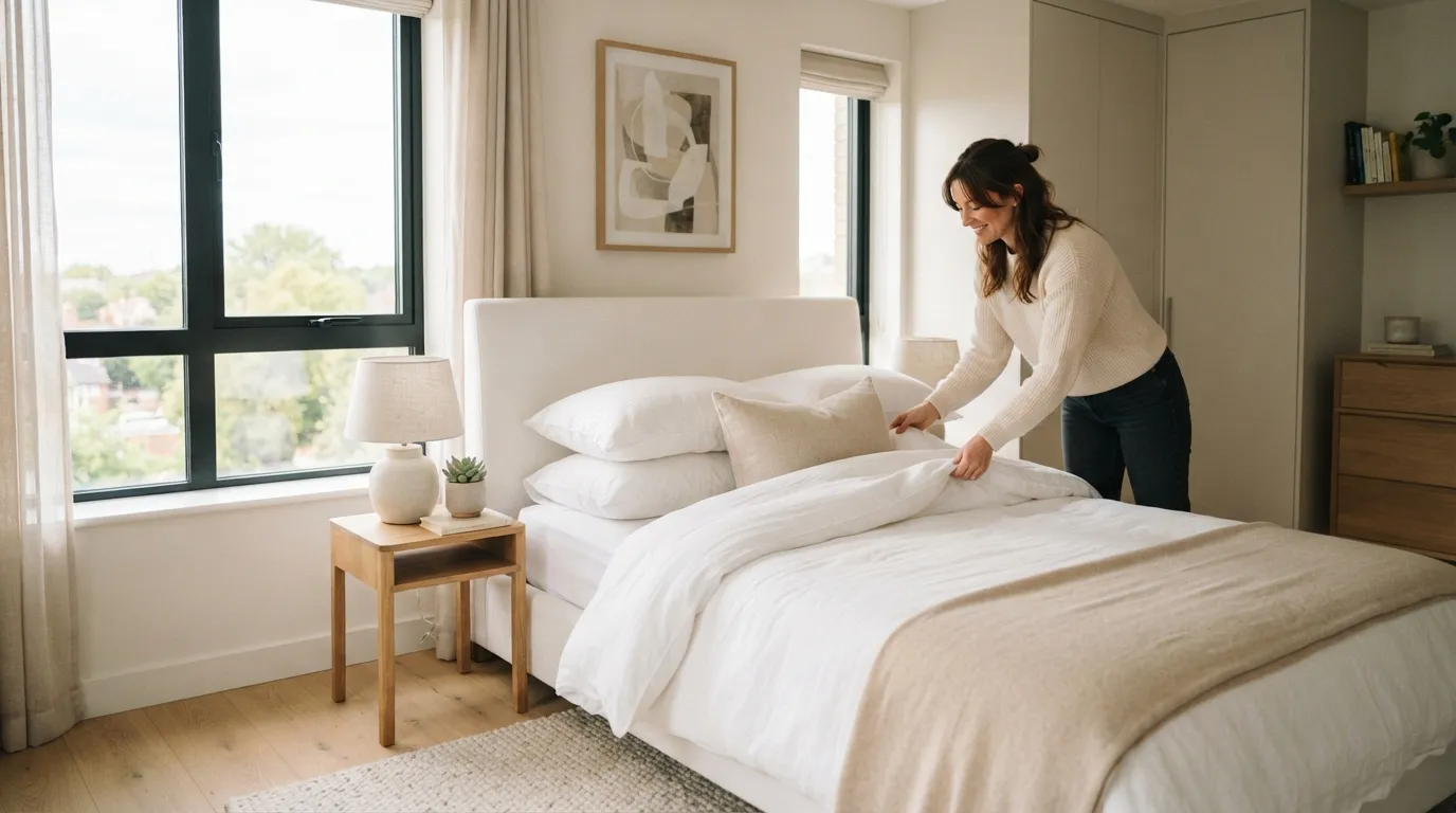 Hôte préparant une chambre d'hôte moderne avec literie blanche et fenêtres ensoleillées.