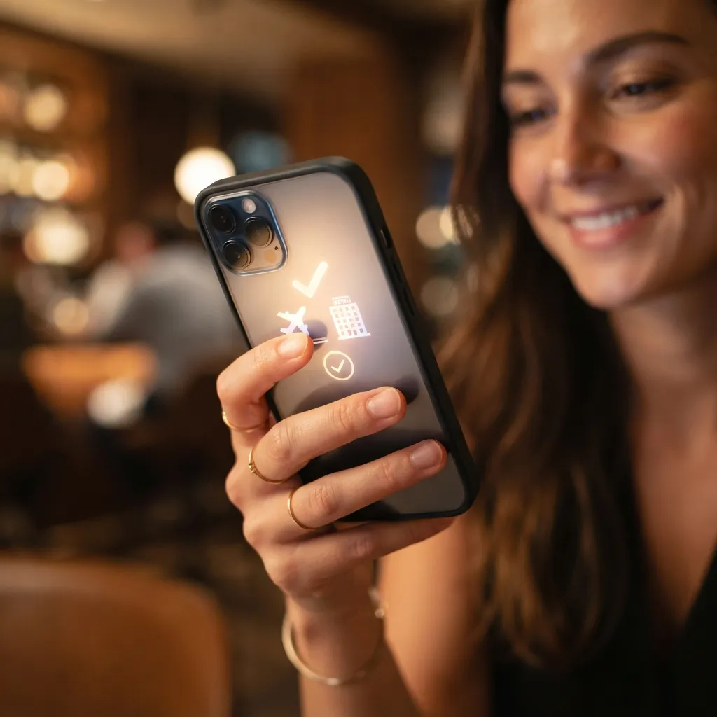 Gros plan de main tenant un téléphone avec notification de réservation confirmée.