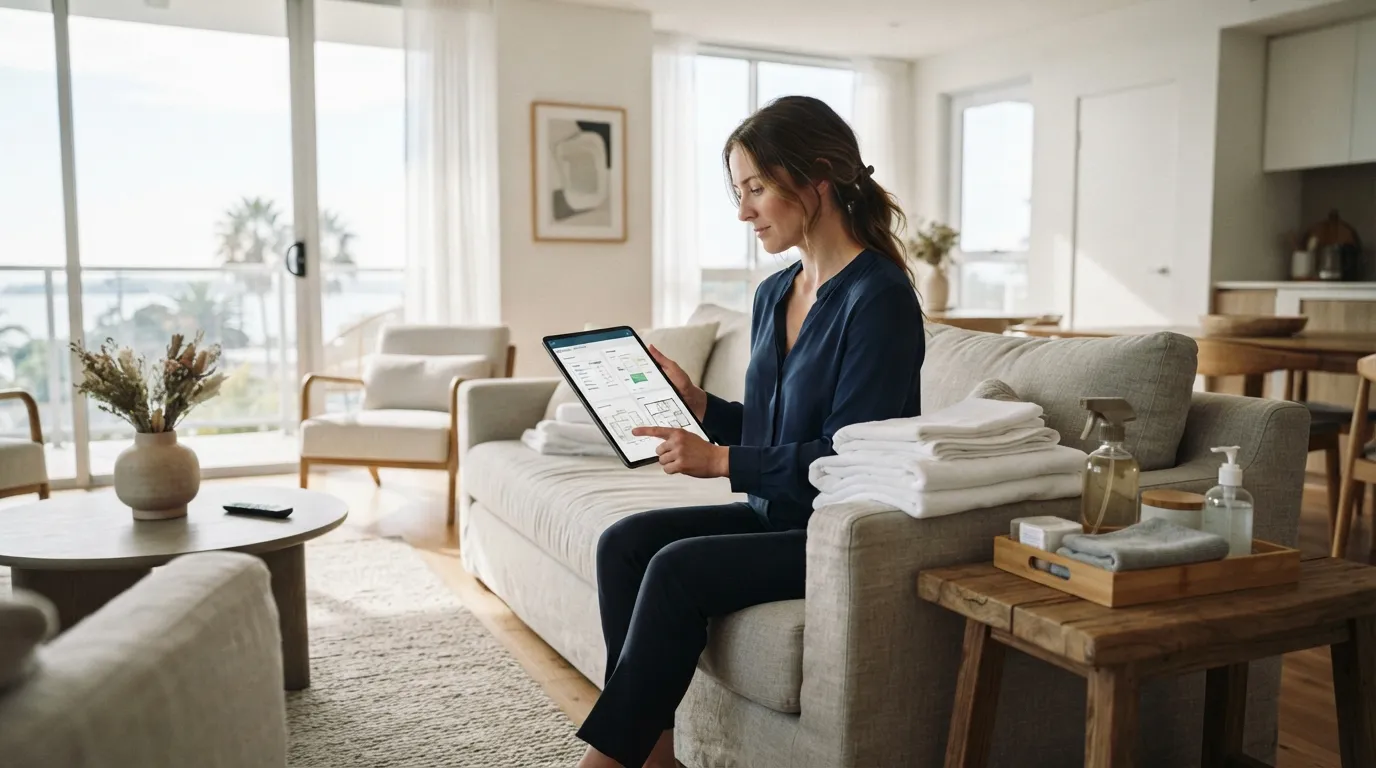 Gestionnaire de propriété consultant une tablette dans un salon d'Airbnb avec draps frais et produits de nettoyage organisés.