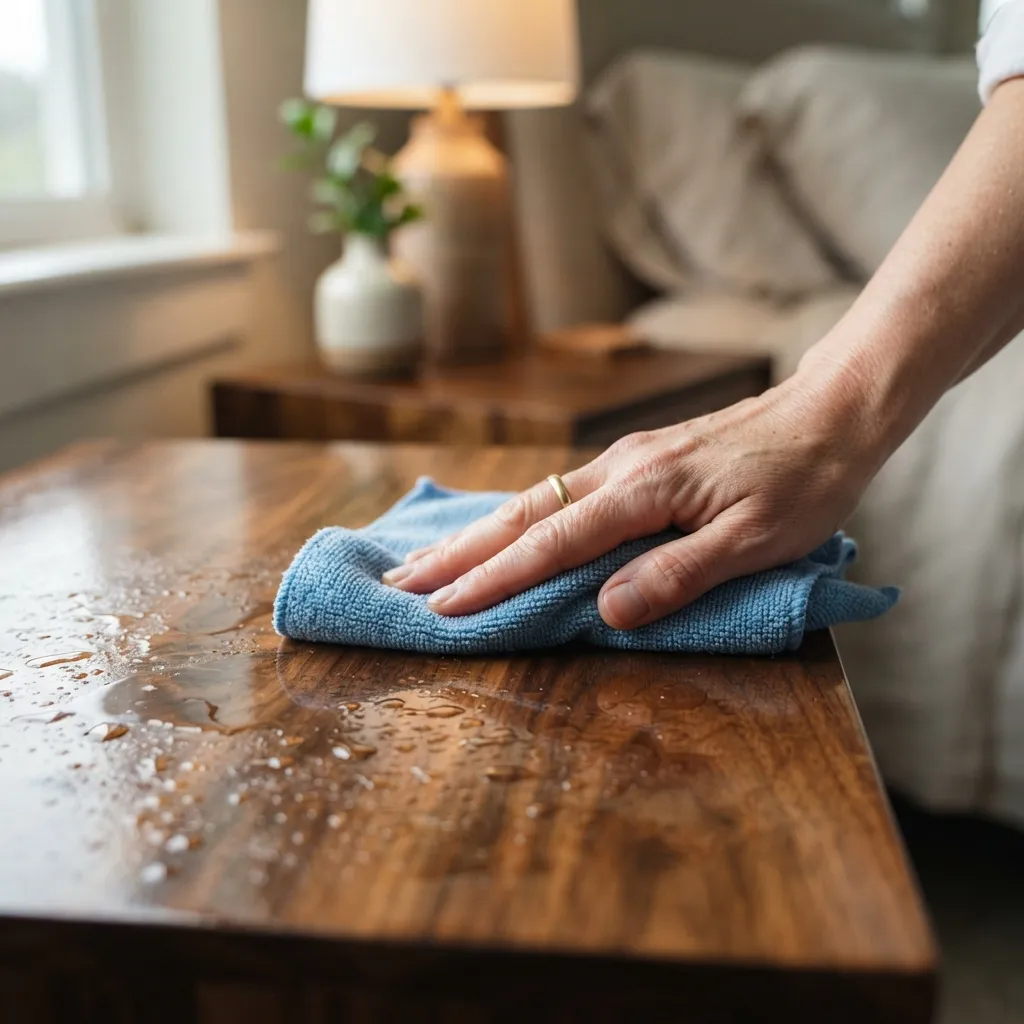Gros plan d'une main nettoyant une table de nuit en bois avec un chiffon microfibre, gouttes d'eau brillantes.
