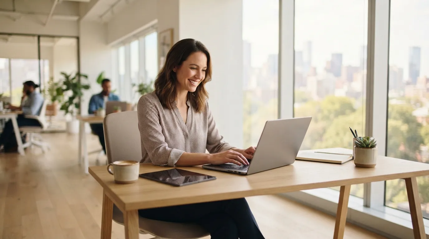 Gestionnaire de propriété souriante travaillant sur son ordinateur portable dans un bureau lumineux et moderne.