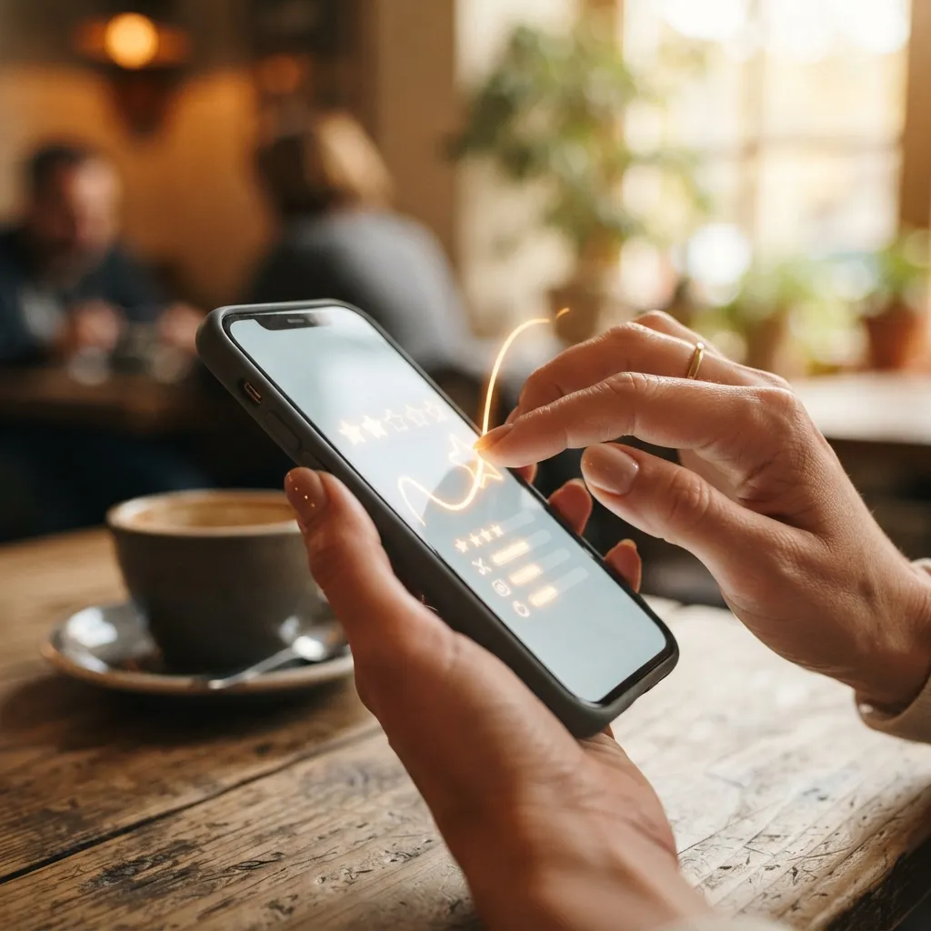 Gros plan des mains d'un voyageur écrivant un commentaire positif sur son téléphone portable.