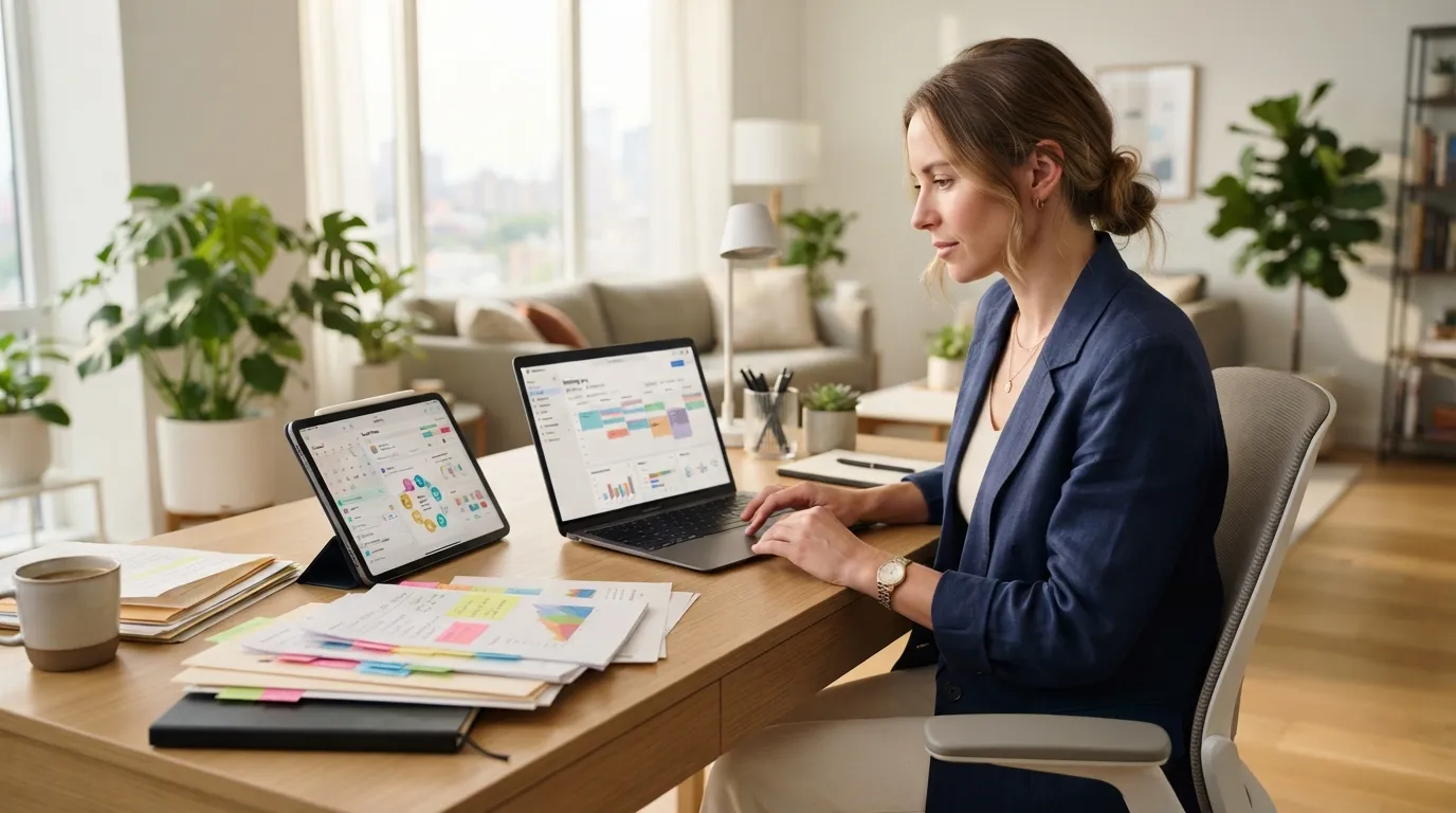 Gestionnaire immobilier travaillant sur un ordinateur portable, gérant les réservations et communications avec les voyageurs dans un bureau moderne et lumineux.