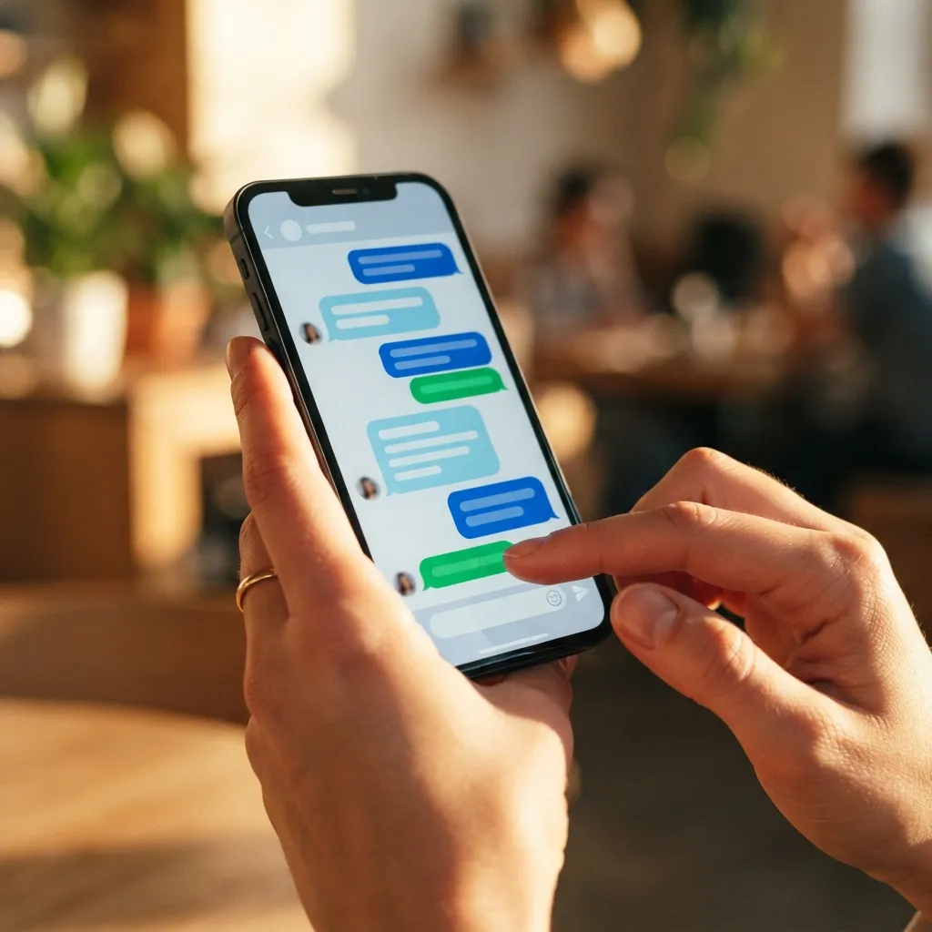 Gros plan des mains tenant un smartphone affichant une interface de conversation, avec lumière naturelle chaude créant des ombres douces.