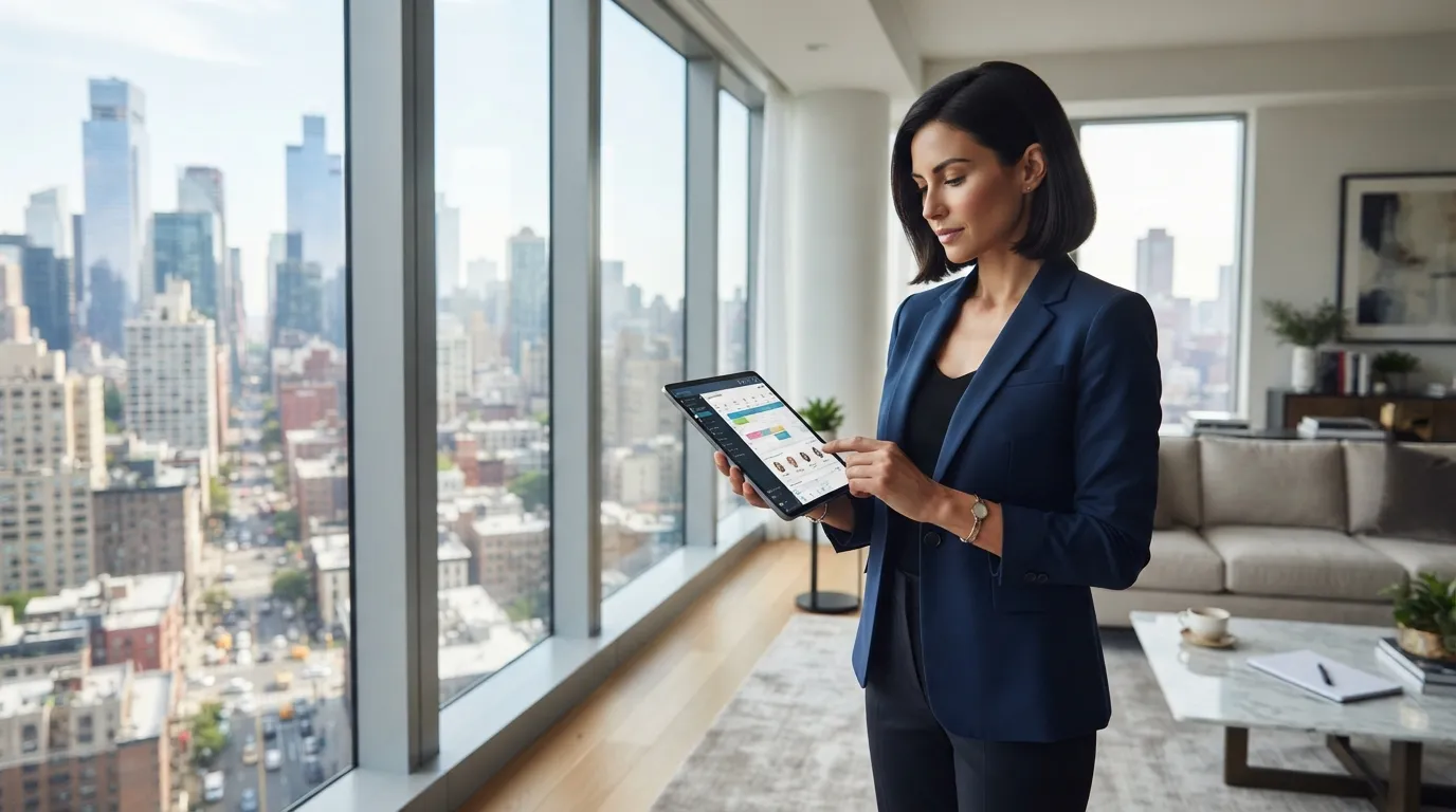 Un gestionnaire de conciergerie consulte les réservations sur sa tablette dans un appartement haut de gamme avec vue sur la ville.