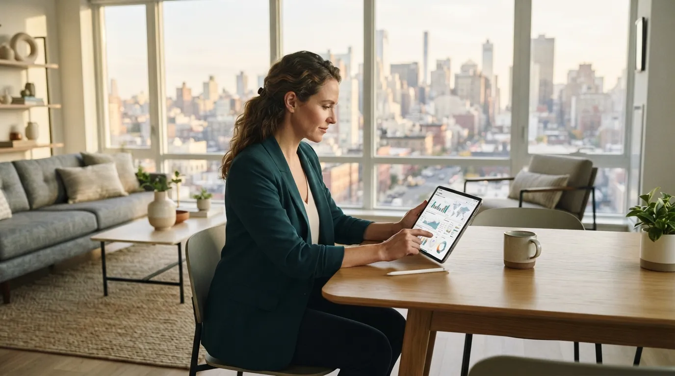 Gestionnaire de propriété consultant une tablette dans un appartement moderne lumineux avec vue urbaine