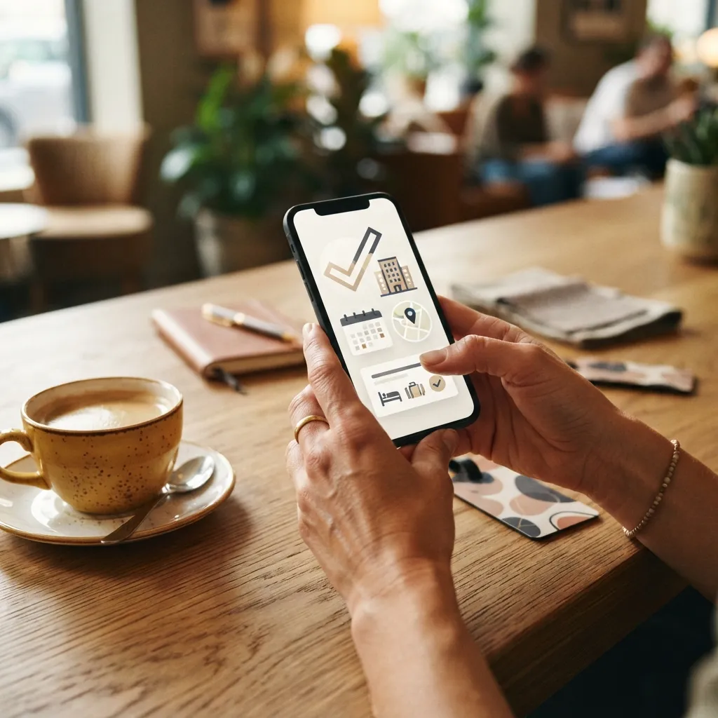 Mains tenant un smartphone avec confirmation de réservation sur un bureau en bois chaleureux