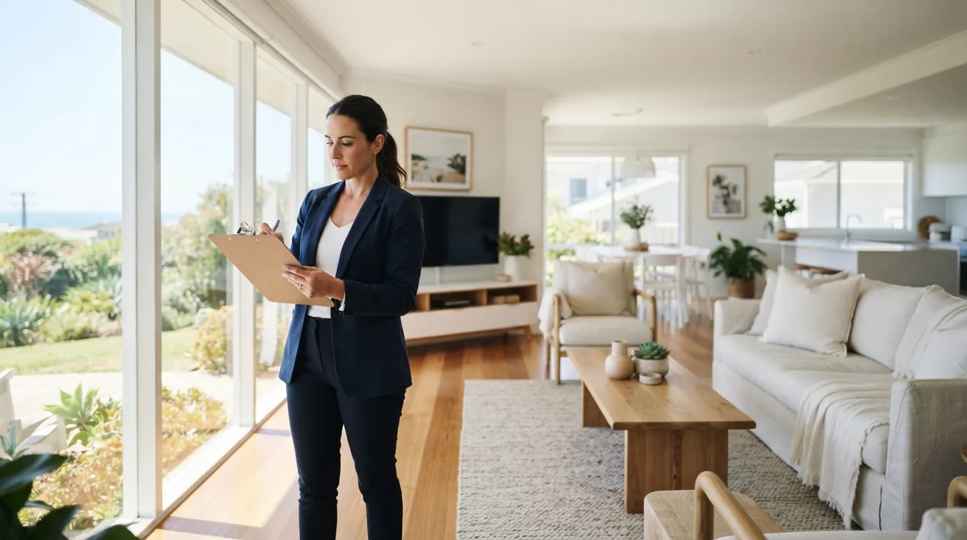 Gestionnaire de propriété consultant un document dans un salon de location moderne et lumineux, bien entretenu.