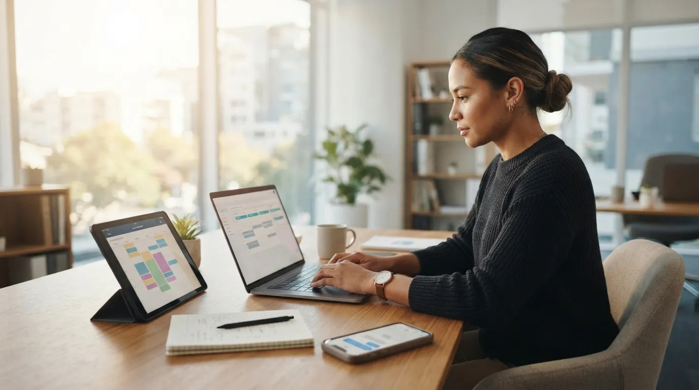 Gestionnaire immobilier travaillant sur plusieurs appareils numériques à son bureau lumineux.