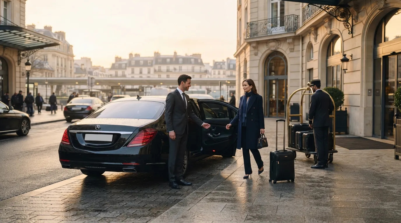 Chauffeur en costume ouvrant la portière d'une berline noire de luxe à l'arrivée d'un terminal aéroport parisien.