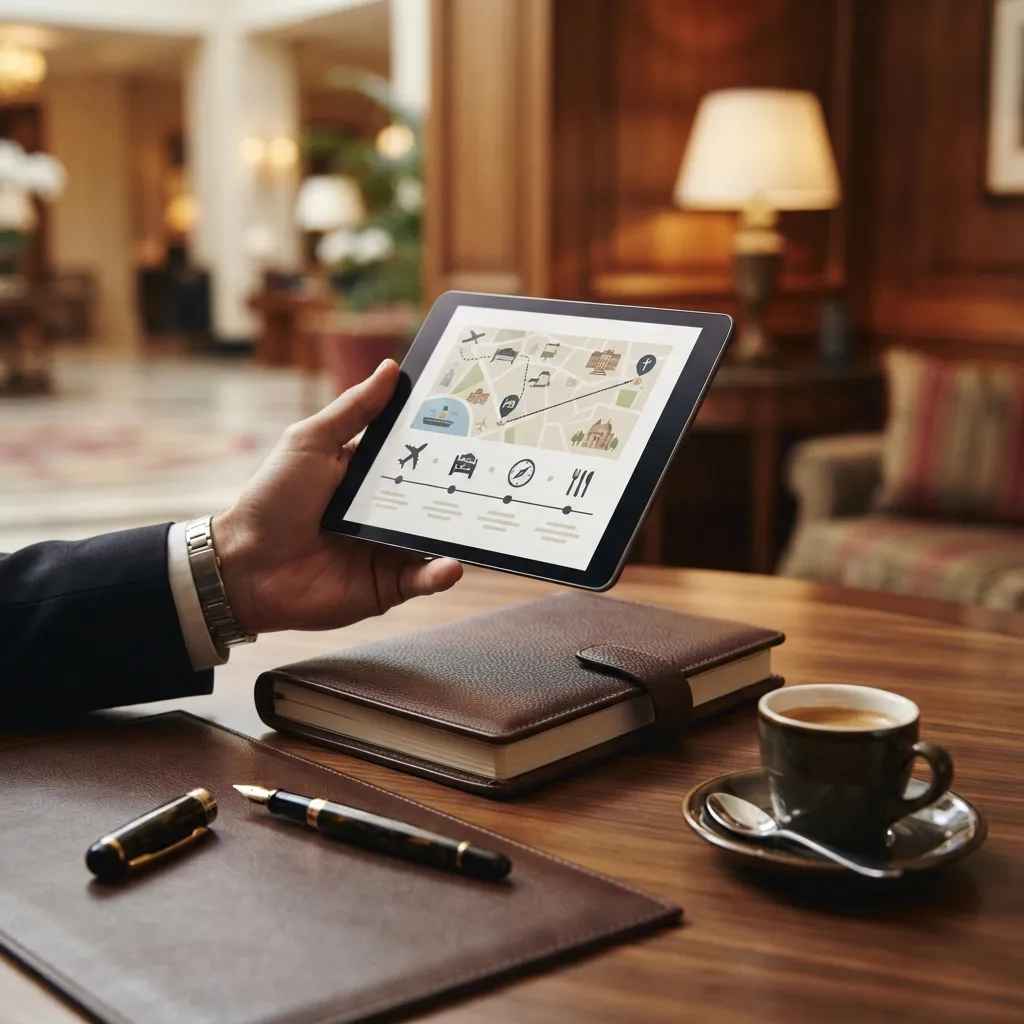 Gros plan d'une main tenant une tablette numérique premium affichant des détails de service de conciergerie haut de gamme.