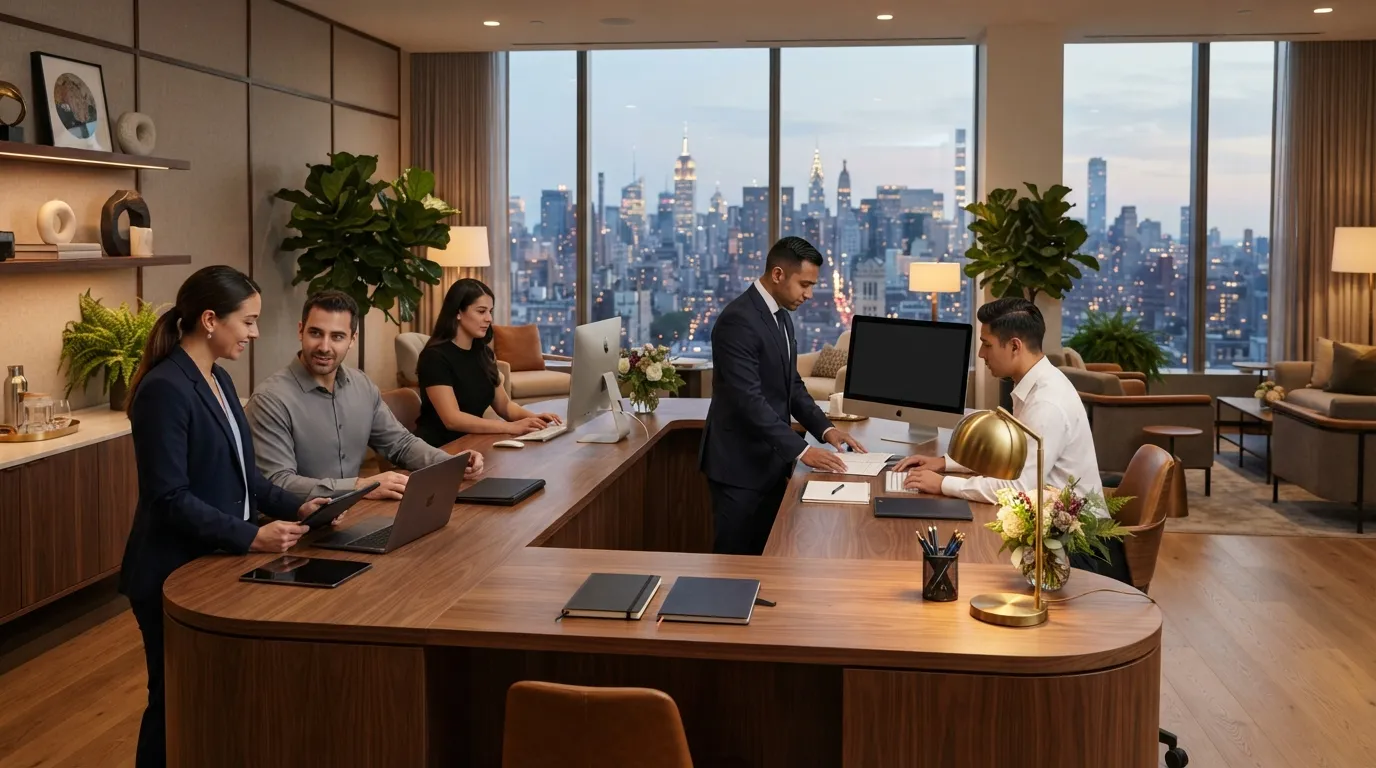 Équipe de conciergerie travaillant en bureau moderne avec ordinateurs, lumière naturelle, ambiance professionnelle et organisée.
