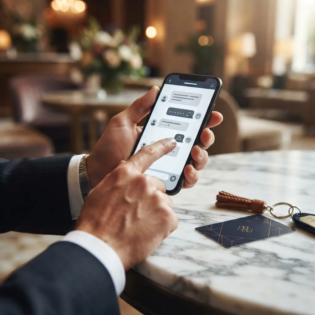 Mains tenant un smartphone avec interface de communication client, clé d'hôtel à proximité, surface en marbre luxe.