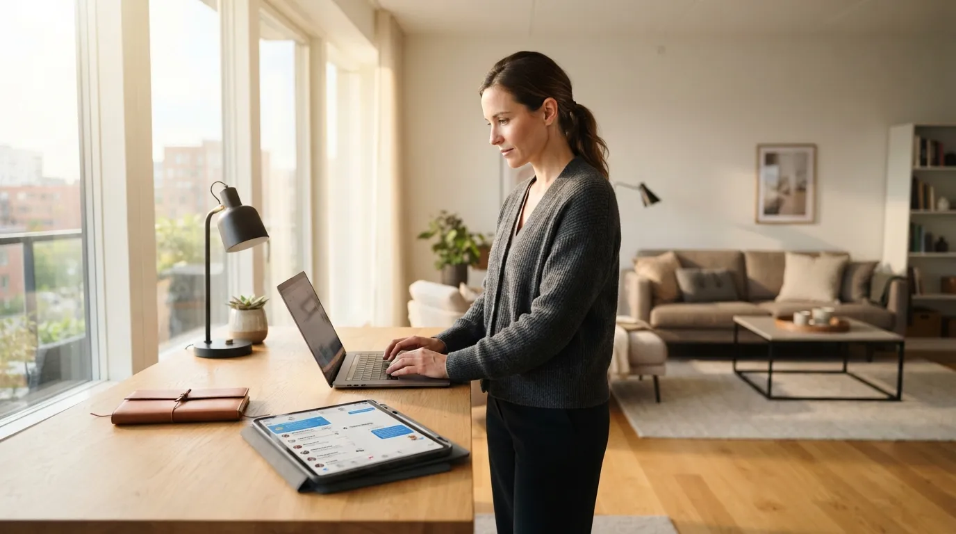 Gestionnaire de location consultante un ordinateur portable dans un appartement moderne et lumineux.