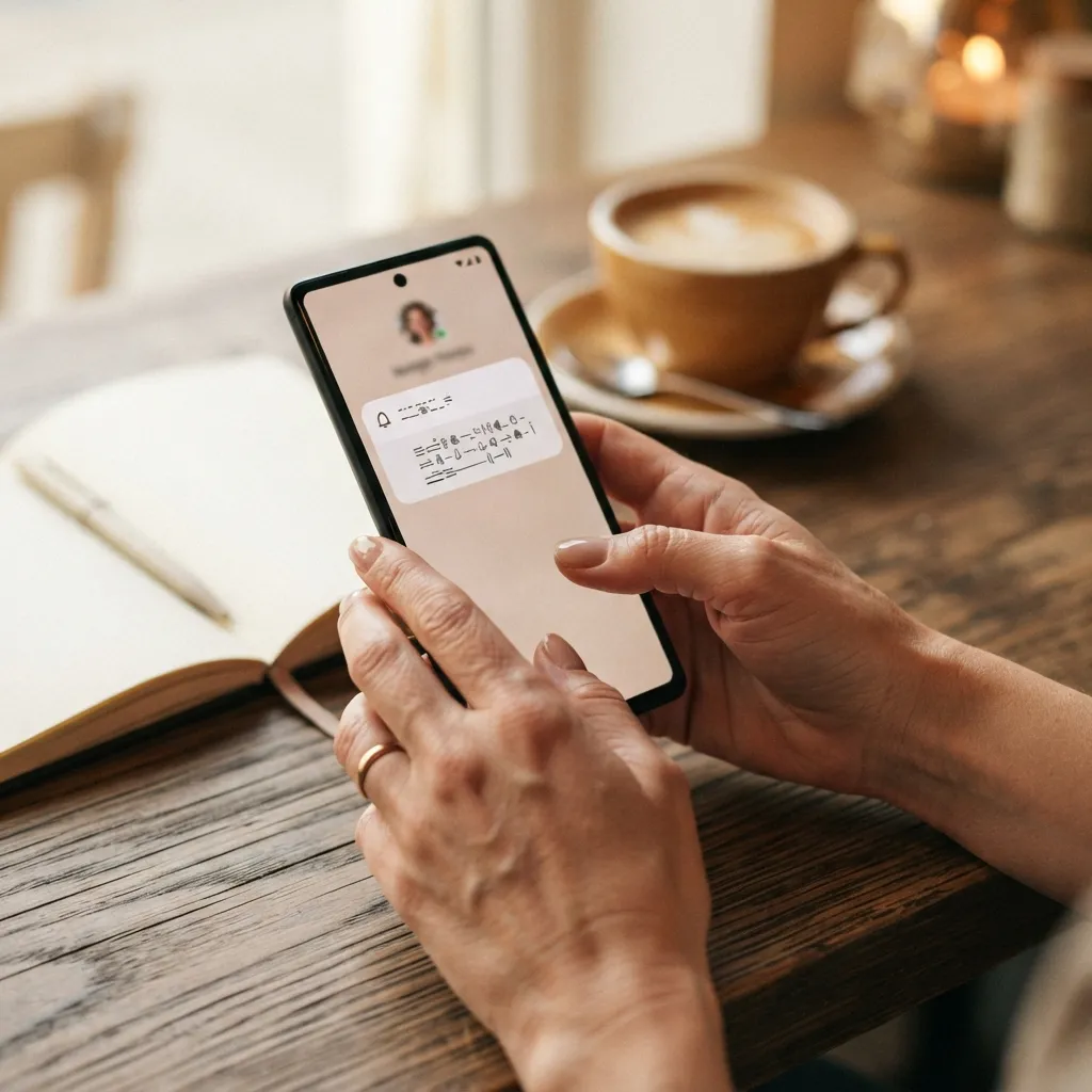 Propriétaire consultant les messages de voyageurs sur son téléphone, avec café et carnet.