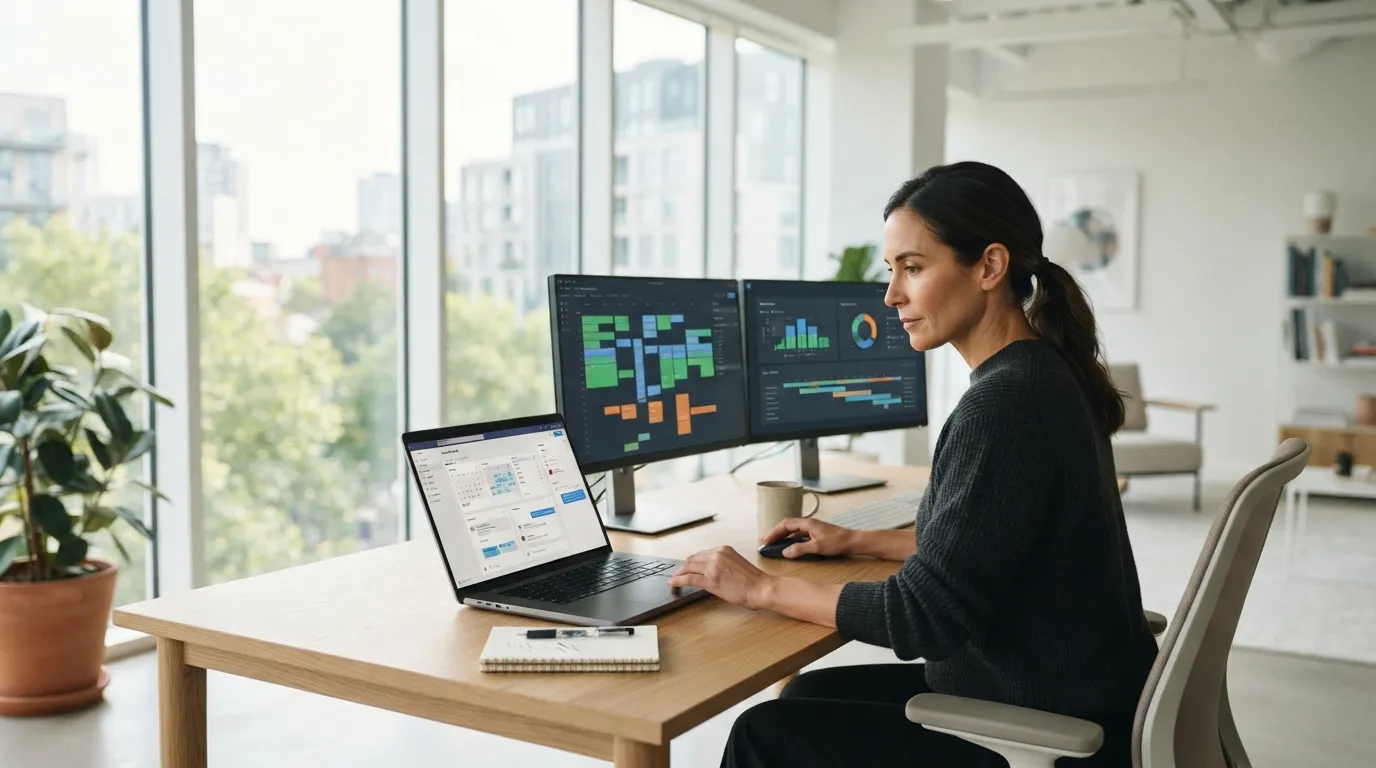 Gestionnaire de propriété travaillant sur des calendriers de réservation et communications clients à un bureau moderne et lumineux.