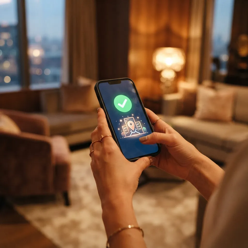 Gros plan de mains tenant un téléphone affichant une notification de réservation confirmée.
