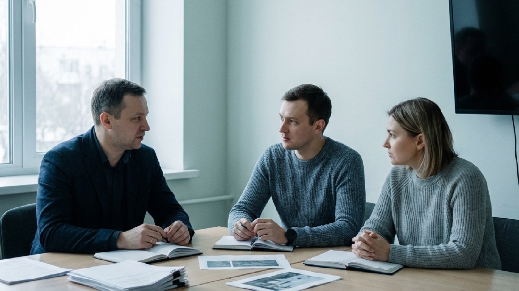 Three people talking around a meeting table