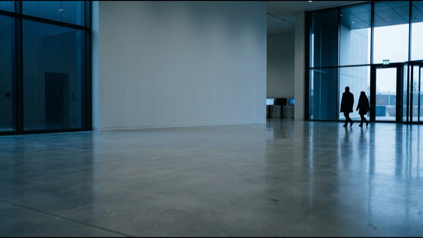 An empty office floor with two people walking toward the window