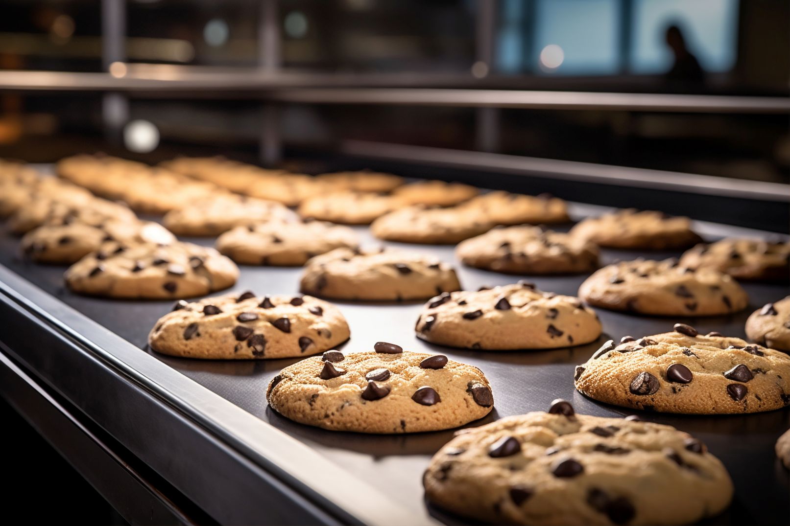 Freshly baked chocolate chip cookies on a commercial production line