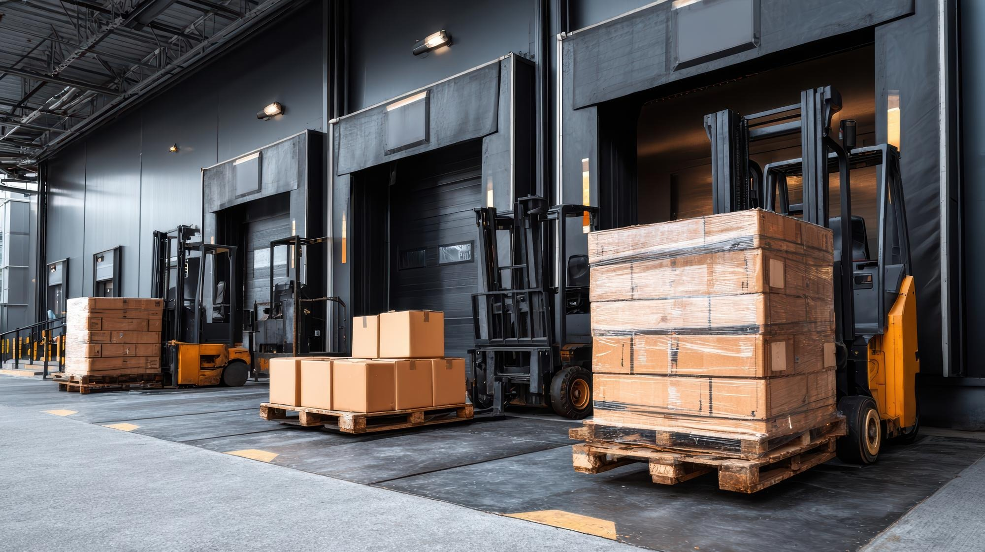 Warehouse loading area with forklifts and palletized food products prepared for export