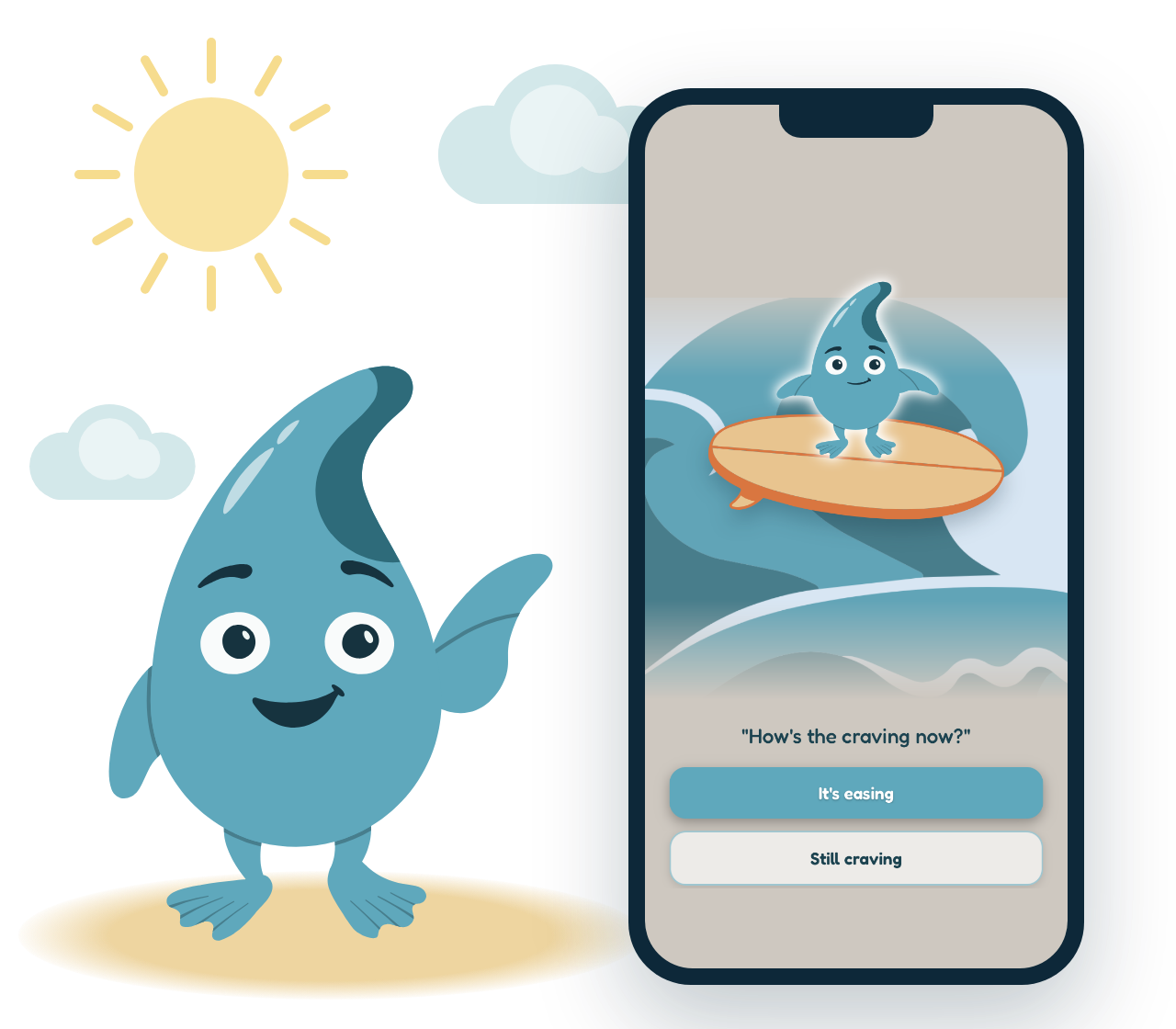 Finn, Harbord's friendly water-drop character, waves beside a phone showing the app's craving check-in screen.