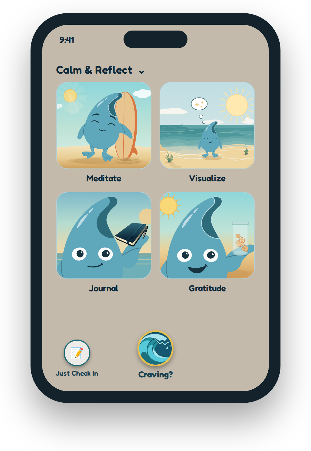 Harbord app screen: Calm & Reflect tools Meditate, Visualize, Journal and Gratitude