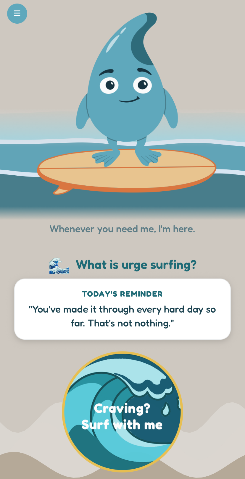 Harbord home screen: Finn on his surfboard above the big Craving button, Craving? Surf with me.