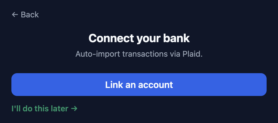 Bizdivers setup wizard step 4, the Connect your bank screen with a Link an account button and an I'll do this later link