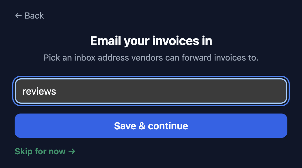 Bizdivers setup wizard step 5, the Email your invoices in screen with the inbox prefix set to reviews