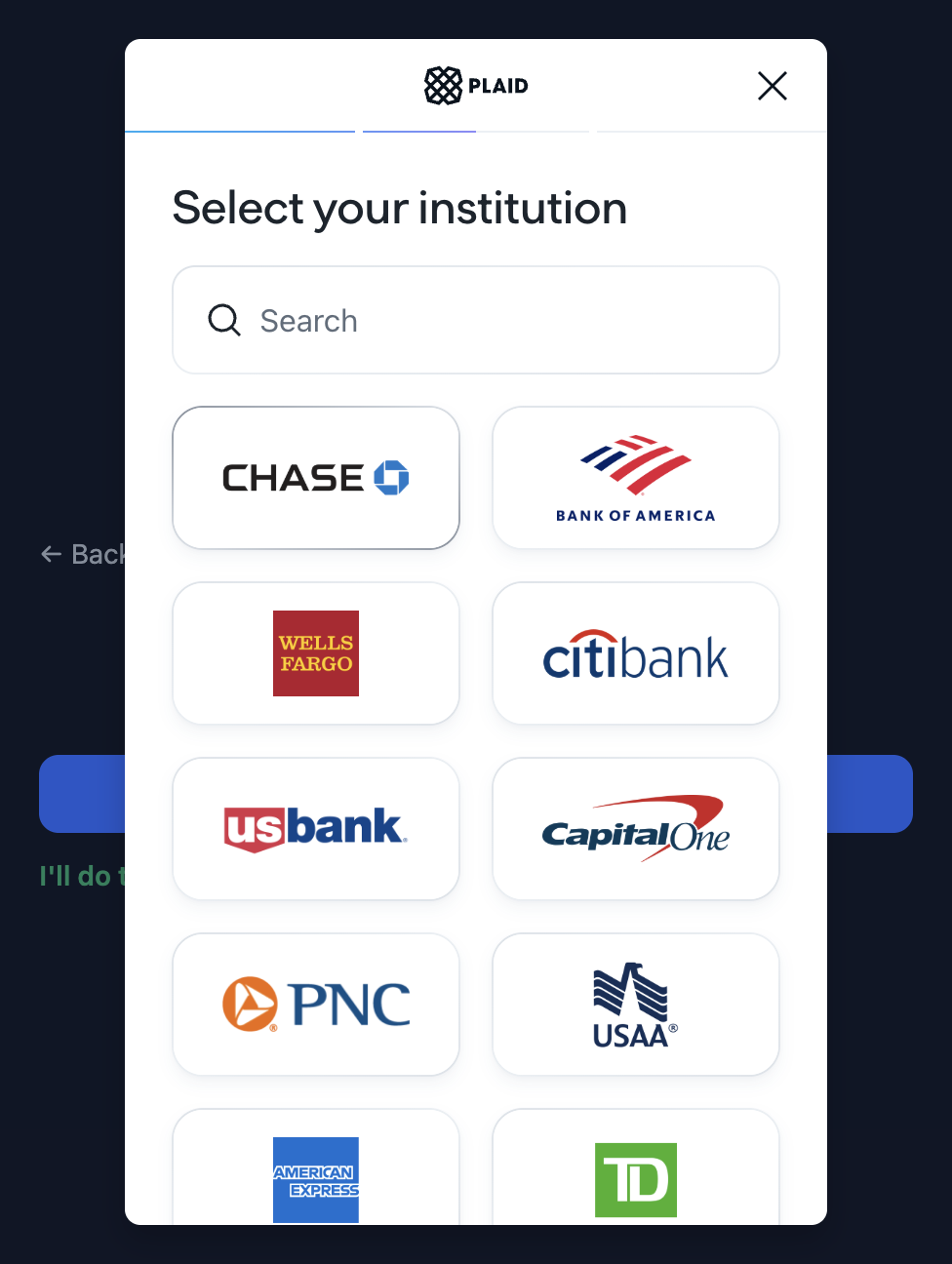 The Plaid Select your institution dialog listing banks including Chase, Bank of America, Wells Fargo, Citibank, US Bank and Capital One