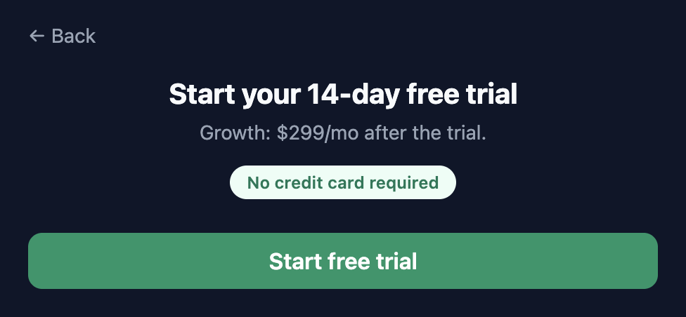 Bizdivers setup wizard step 3, the Start your 14-day free trial screen with a No credit card required badge