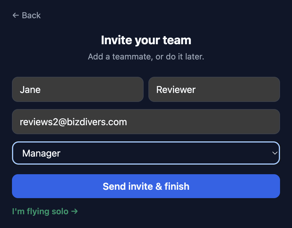 Bizdivers setup wizard step 6, the Invite your team form with name, email and role fields and a Send invite and finish button