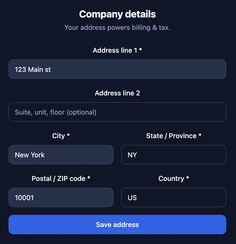 Bizdivers setup wizard step 2, the Company details form with address, city, state, ZIP code and country fields