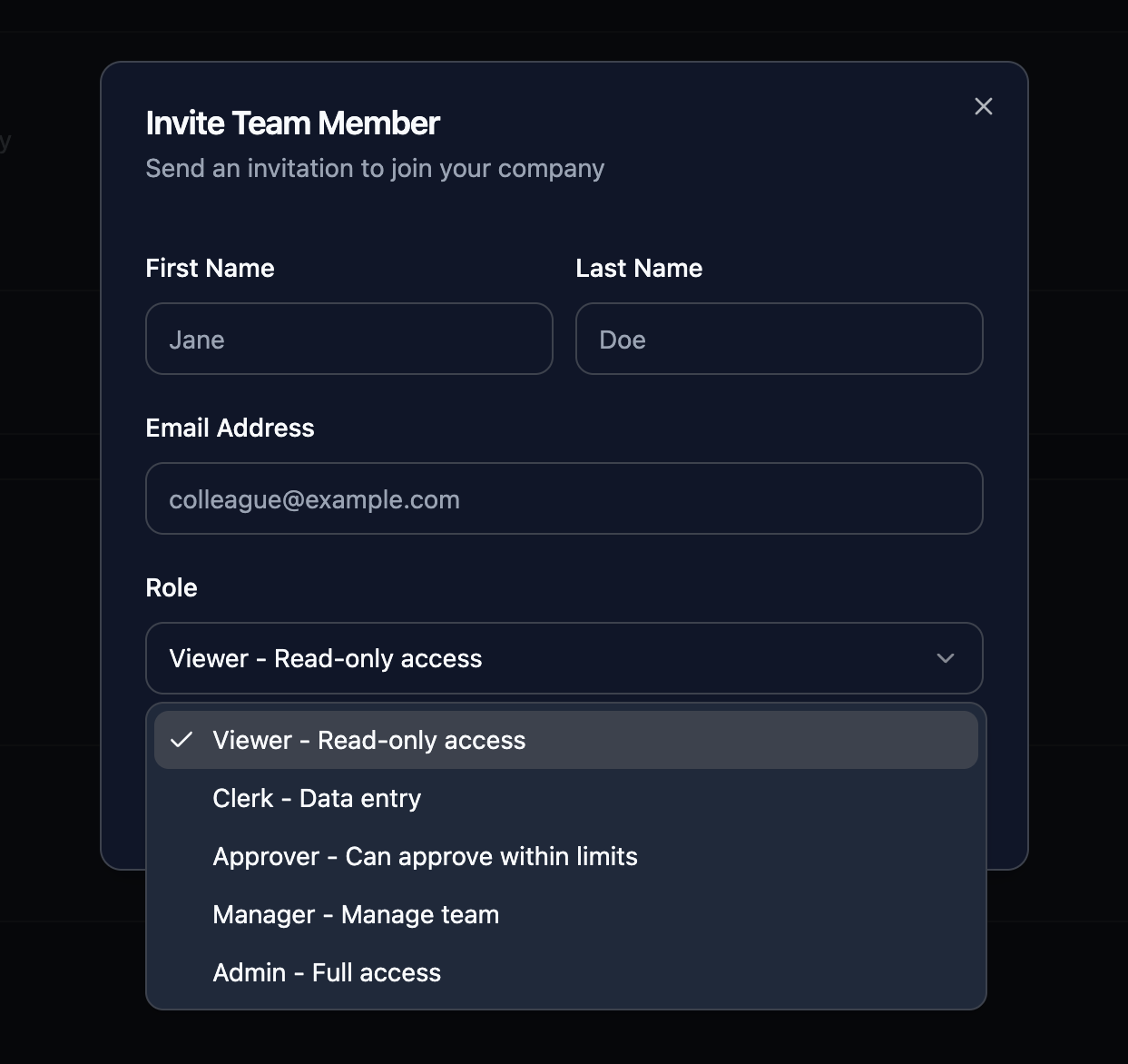 The Bizdivers Invite Team Member dialog with first name, last name and email fields, and the Role dropdown open showing Viewer, Clerk, Approver, Manager and Admin