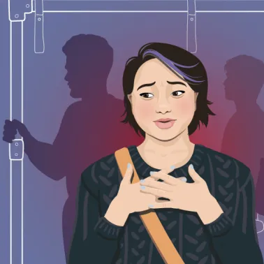 Worried woman holding her chest standing inside a bus or train, with shadowed passengers in the background.