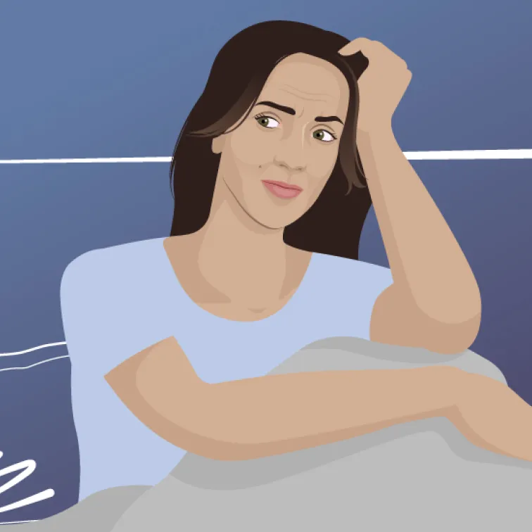 Illustration of a woman with long dark hair, resting her arm on a surface and holding her head with a thoughtful expression.