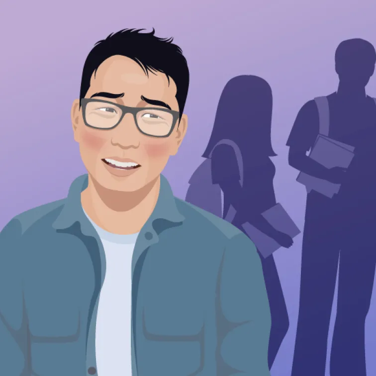 Illustration of a young man with glasses smiling, with two shadowy figures carrying books in the background.