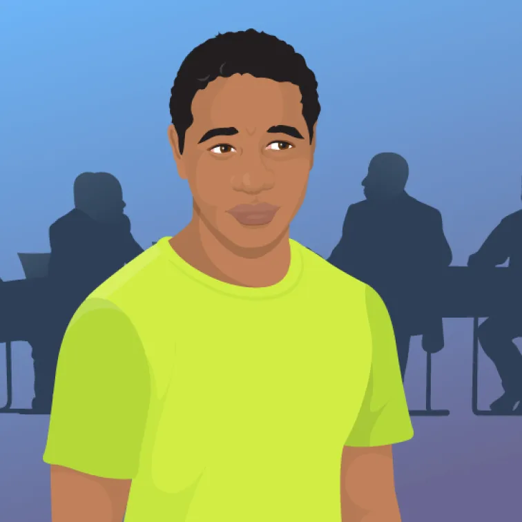 Illustration of a young man in a bright green shirt with a neutral expression, with silhouettes of people sitting at a table in the background.