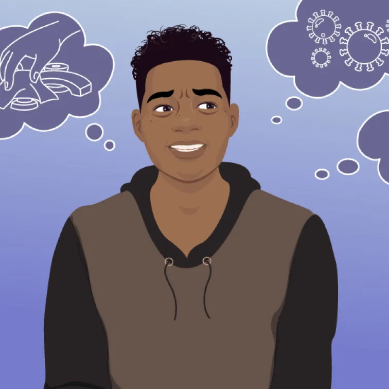 Illustration of a young man with curly hair wearing a hoodie, with thought bubbles showing hands playing a board game and virus icons.