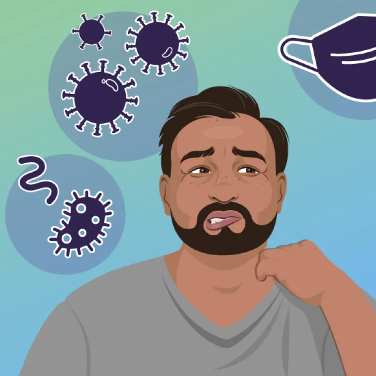 Illustration of a man looking worried, surrounded by symbols of viruses and a face mask.