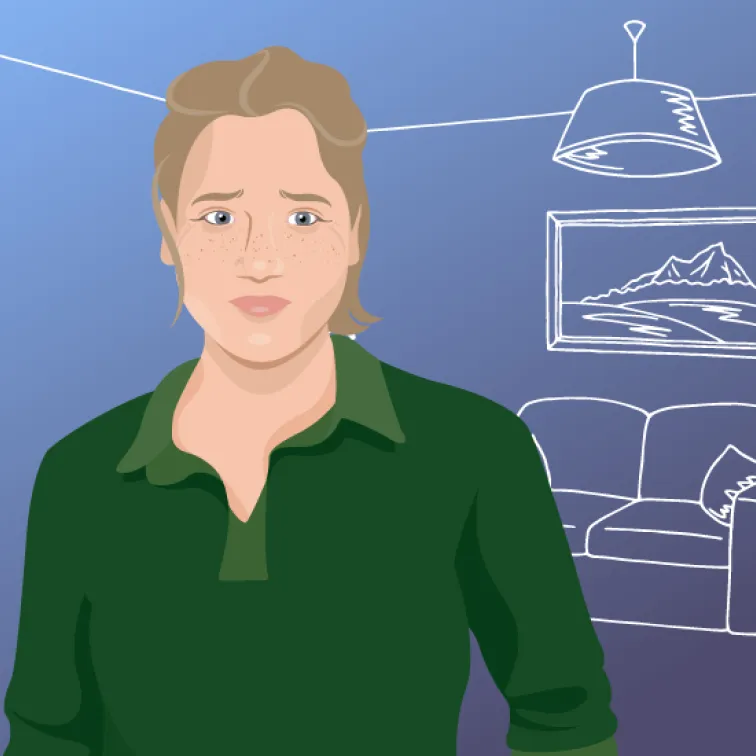 Illustration of a person with light brown hair, blue eyes, and freckles, wearing a green shirt, standing in front of a blue background with white line drawings of a couch, lamp, and framed mountain landscape.